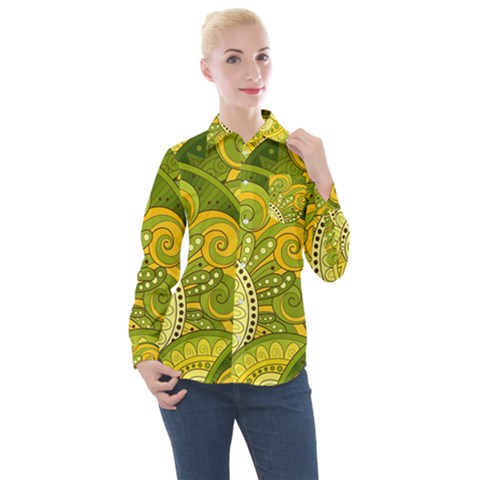 Doodles Patterns Ornament Vector Flowers Green Women s Long Sleeve Pocket Shirt by Salman4z