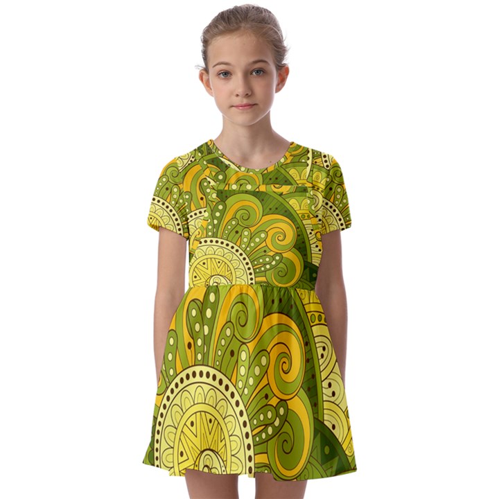 Doodles Patterns Ornament Vector Flowers Green Kids  Short Sleeve Pinafore Style Dress