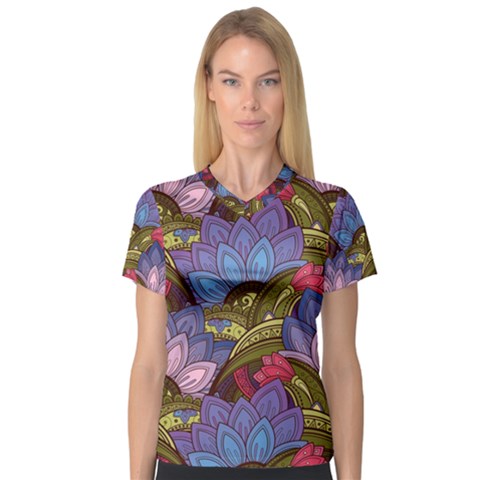 Purple Red And Green Flowers Digital Wallpaper Patterns Ornament V-neck Sport Mesh Tee by Salman4z