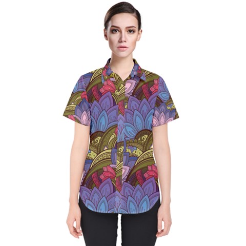 Purple Red And Green Flowers Digital Wallpaper Patterns Ornament Women s Short Sleeve Shirt by Salman4z