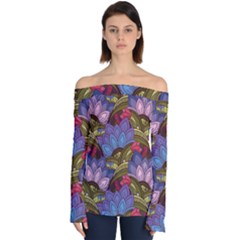 Purple Red And Green Flowers Digital Wallpaper Patterns Ornament Off Shoulder Long Sleeve Top by Salman4z