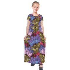 Purple Red And Green Flowers Digital Wallpaper Patterns Ornament Kids  Short Sleeve Maxi Dress by Salman4z