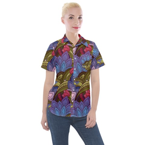 Purple Red And Green Flowers Digital Wallpaper Patterns Ornament Women s Short Sleeve Pocket Shirt by Salman4z