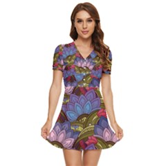 Purple Red And Green Flowers Digital Wallpaper Patterns Ornament V-neck High Waist Chiffon Mini Dress by Salman4z