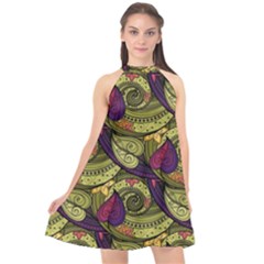 Pattern Vector Texture Style Garden Drawn Hand Floral Halter Neckline Chiffon Dress  by Salman4z