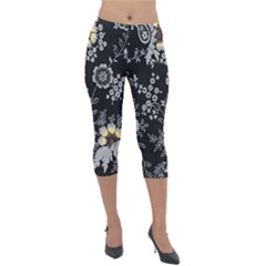 White And Yellow Floral And Paisley Illustration Background Lightweight Velour Capri Leggings  by Salman4z