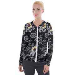 White And Yellow Floral And Paisley Illustration Background Velvet Zip Up Jacket by Salman4z