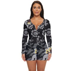 White And Yellow Floral And Paisley Illustration Background Long Sleeve Boyleg Swimsuit by Salman4z