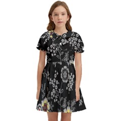 White And Yellow Floral And Paisley Illustration Background Kids  Bow Tie Puff Sleeve Dress by Salman4z