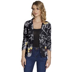 White And Yellow Floral And Paisley Illustration Background Women s One-button 3/4 Sleeve Short Jacket by Salman4z