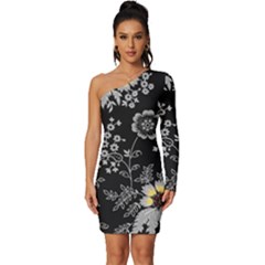 White And Yellow Floral And Paisley Illustration Background Long Sleeve One Shoulder Mini Dress by Salman4z