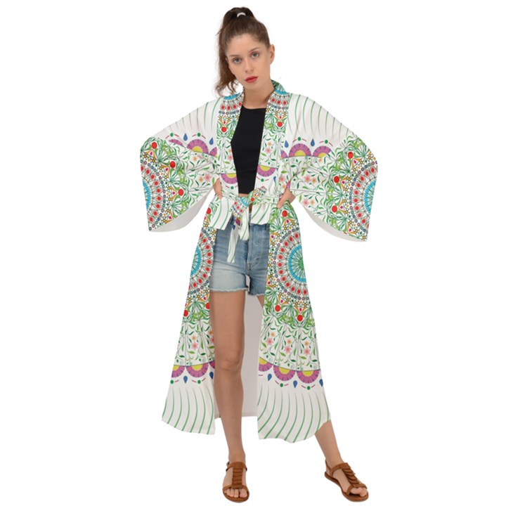 Flower Abstract Floral Hand Ornament Hand Drawn Mandala Maxi Kimono