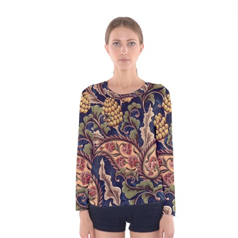 Leaves Flowers Background Texture Paisley Women s Long Sleeve Tee by Salman4z