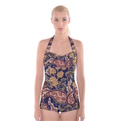 Leaves Flowers Background Texture Paisley Boyleg Halter Swimsuit  by Salman4z