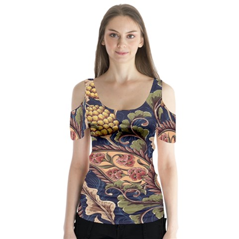 Leaves Flowers Background Texture Paisley Butterfly Sleeve Cutout Tee  by Salman4z