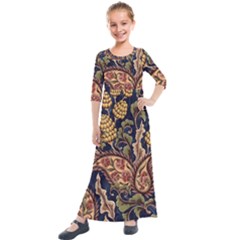 Leaves Flowers Background Texture Paisley Kids  Quarter Sleeve Maxi Dress by Salman4z