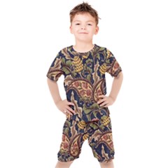 Leaves Flowers Background Texture Paisley Kids  Tee And Shorts Set by Salman4z