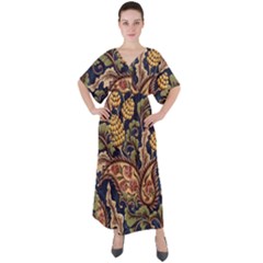 Leaves Flowers Background Texture Paisley V-neck Boho Style Maxi Dress by Salman4z