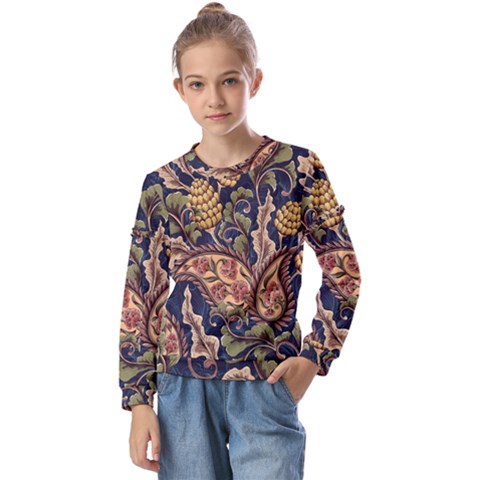 Leaves Flowers Background Texture Paisley Kids  Long Sleeve Tee With Frill  by Salman4z