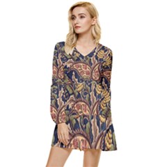 Leaves Flowers Background Texture Paisley Tiered Long Sleeve Mini Dress by Salman4z