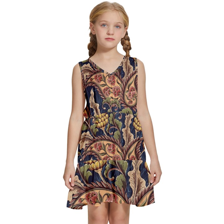 Leaves Flowers Background Texture Paisley Kids  Sleeveless Tiered Mini Dress