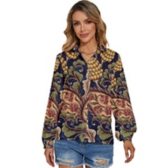 Leaves Flowers Background Texture Paisley Women s Long Sleeve Button Down Shirt