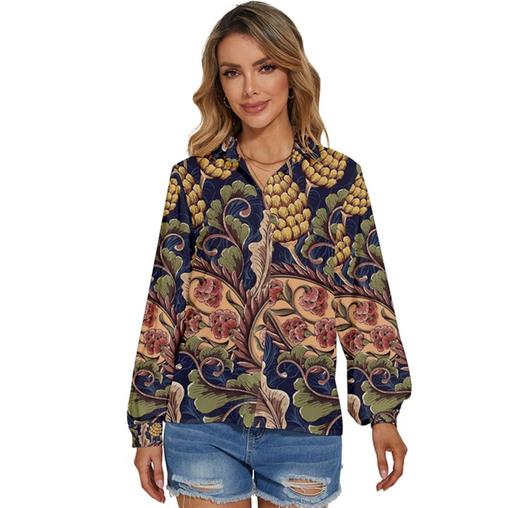 Leaves Flowers Background Texture Paisley Women s Long Sleeve Button Down Shirt