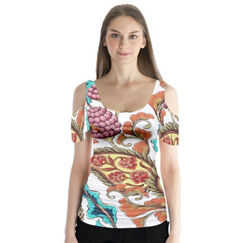 Flowers Pattern Texture White Background Paisley Butterfly Sleeve Cutout Tee  by Salman4z