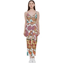 Flowers Pattern Texture White Background Paisley V-neck Spaghetti Strap Tie Front Jumpsuit by Salman4z