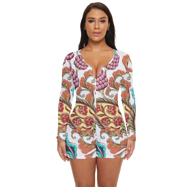 Flowers Pattern Texture White Background Paisley Long Sleeve Boyleg Swimsuit