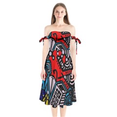 Multicolored Doodle Art Street Art Shoulder Tie Bardot Midi Dress by Salman4z