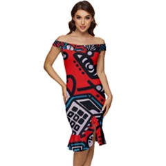 Multicolored Doodle Art Street Art Off Shoulder Ruffle Split Hem Bodycon Dress by Salman4z