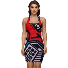 Multicolored Doodle Art Street Art Sleeveless Wide Square Neckline Ruched Bodycon Dress by Salman4z