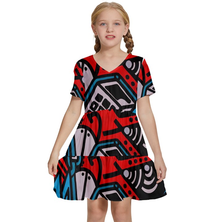 Multicolored Doodle Art Street Art Kids  Short Sleeve Tiered Mini Dress