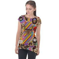 Multicolored Doodle Art Wallpaper Cap Sleeve High Low Top by Salman4z