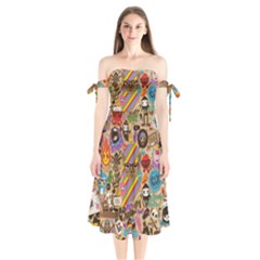 Multicolored Doodle Art Wallpaper Shoulder Tie Bardot Midi Dress by Salman4z