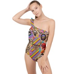 Multicolored Doodle Art Wallpaper Frilly One Shoulder Swimsuit by Salman4z