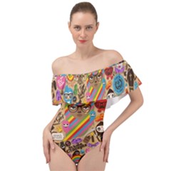 Multicolored Doodle Art Wallpaper Off Shoulder Velour Bodysuit  by Salman4z