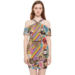 Multicolored Doodle Art Wallpaper Shoulder Frill Bodycon Summer Dress by Salman4z