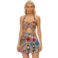 Multicolored Doodle Art Wallpaper Vintage Style Bikini Top And Skirt Set  by Salman4z