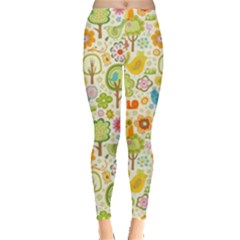 Nature Doodle Art Trees Birds Owl Children Pattern Multi Colored Leggings  by Salman4z