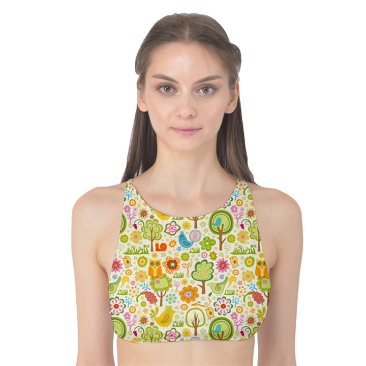 Nature Doodle Art Trees Birds Owl Children Pattern Multi Colored Tank Bikini Top