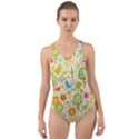 Nature Doodle Art Trees Birds Owl Children Pattern Multi Colored Cut-Out Back One Piece Swimsuit View1