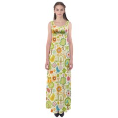 Nature Doodle Art Trees Birds Owl Children Pattern Multi Colored Empire Waist Maxi Dress by Salman4z