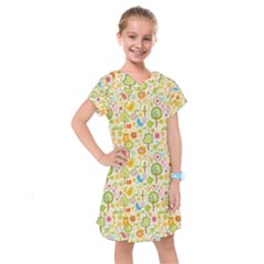 Nature Doodle Art Trees Birds Owl Children Pattern Multi Colored Kids  Drop Waist Dress by Salman4z