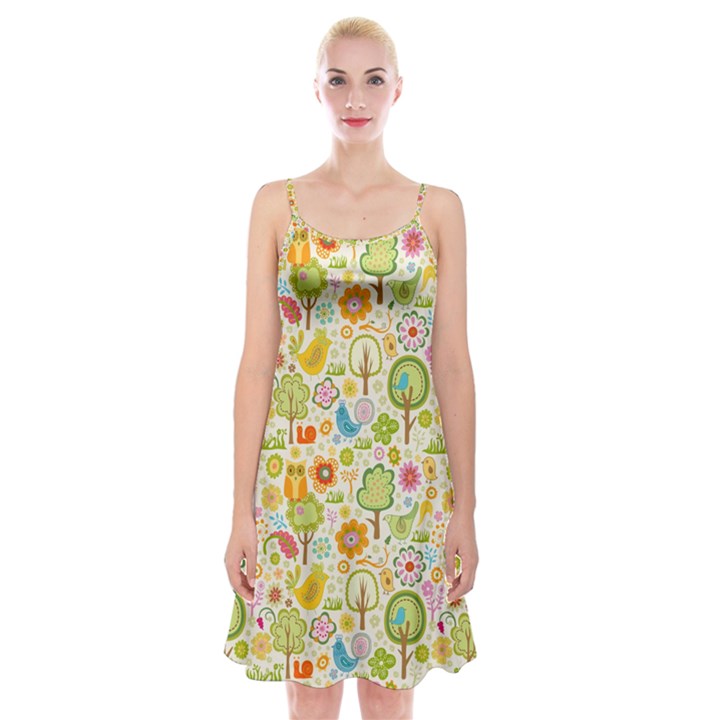 Nature Doodle Art Trees Birds Owl Children Pattern Multi Colored Spaghetti Strap Velvet Dress