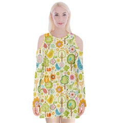 Nature Doodle Art Trees Birds Owl Children Pattern Multi Colored Velvet Long Sleeve Shoulder Cutout Dress by Salman4z