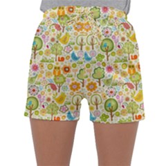 Nature Doodle Art Trees Birds Owl Children Pattern Multi Colored Sleepwear Shorts by Salman4z