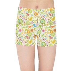 Nature Doodle Art Trees Birds Owl Children Pattern Multi Colored Kids  Sports Shorts by Salman4z