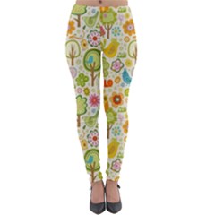 Nature Doodle Art Trees Birds Owl Children Pattern Multi Colored Lightweight Velour Leggings by Salman4z